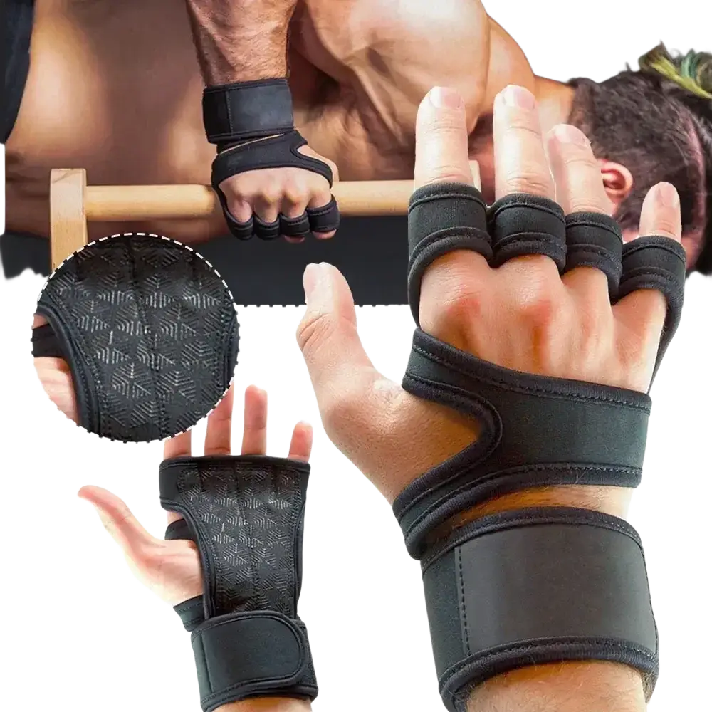 Black fingerless weightlifting gym gloves with palm support textured grip pads and adjustable wrist straps