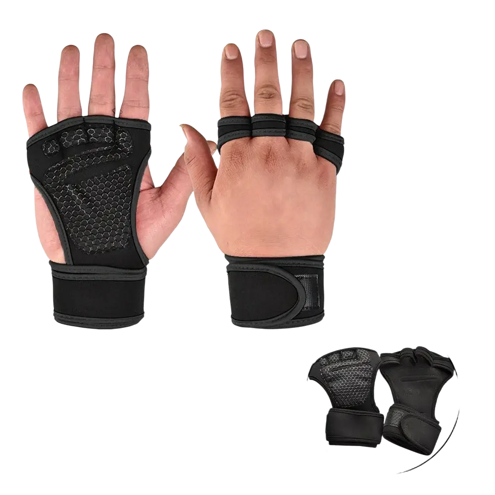 Black fingerless weightlifting gym gloves with textured palm support and adjustable wrist straps shown from back side