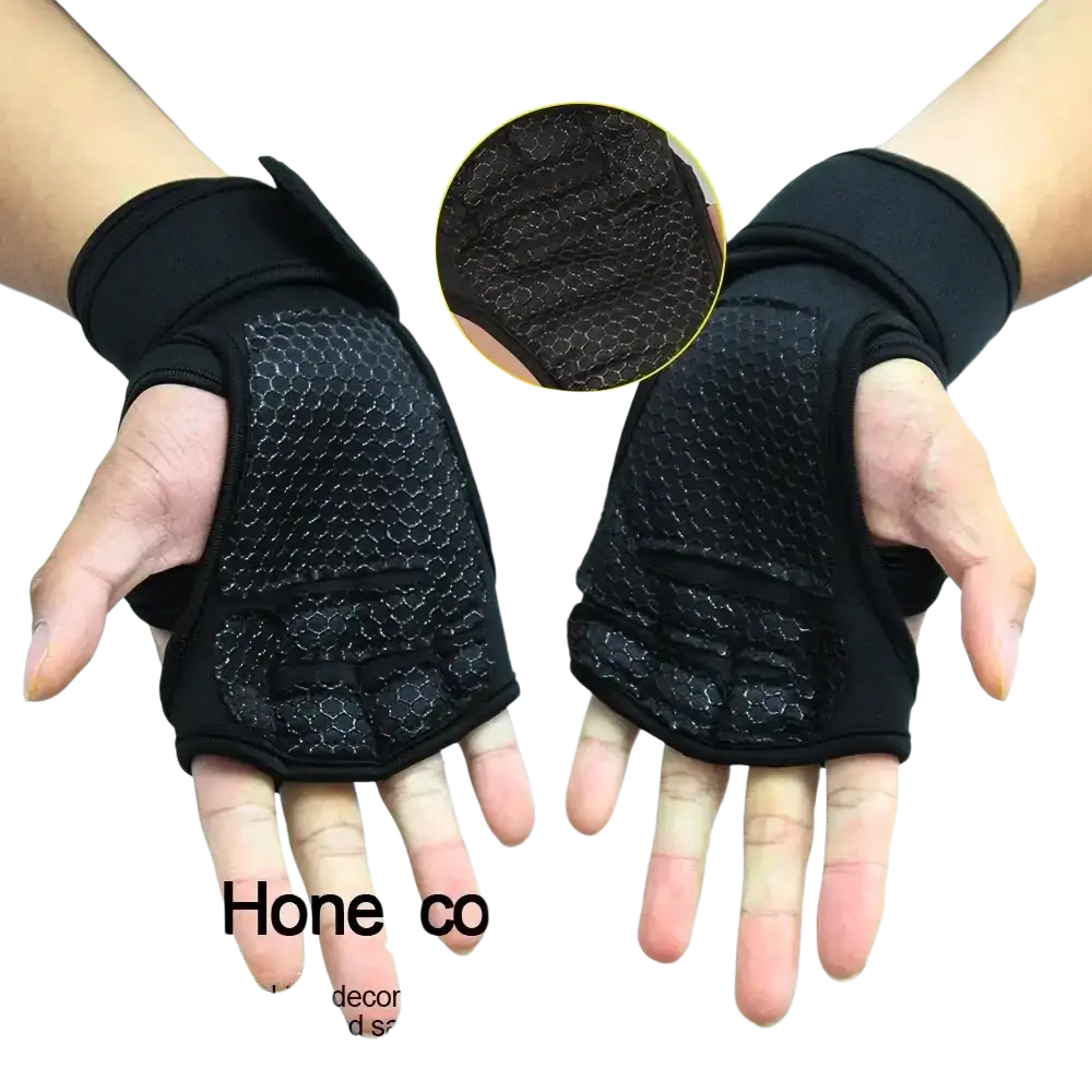 Black fingerless weightlifting gym gloves with breathable mesh palm support and reinforced padding for grip