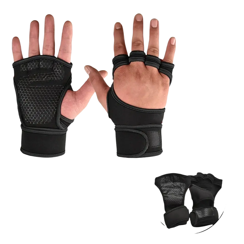 Black weightlifting gym gloves with fingerless design breathable mesh palm and adjustable wrist strap for palm support
