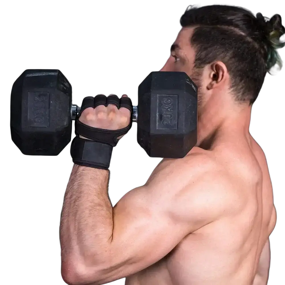 Black hexagonal dumbbell 20kg weight alongside weightlifting gym gloves with palm support for effective grip and protection