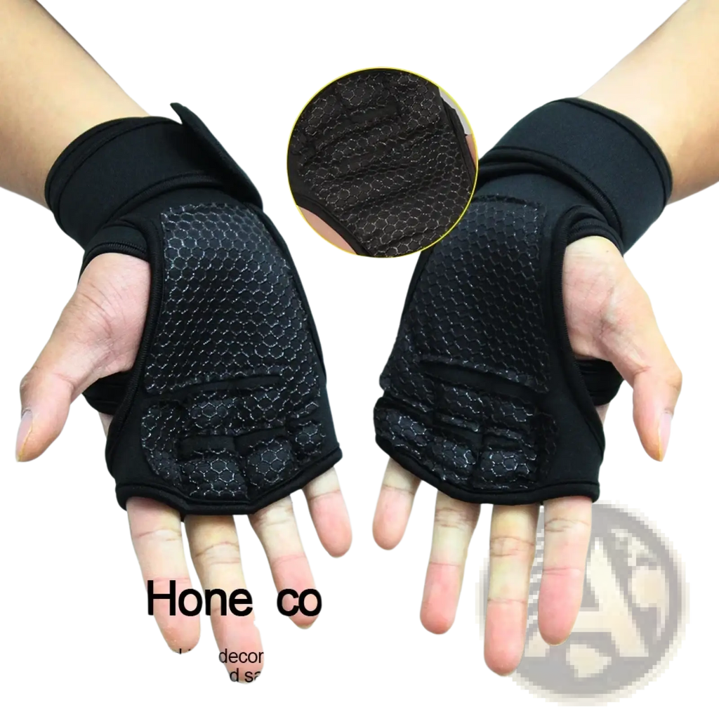 Weightlifting gym gloves with black palm honeycomb grip and flexible textured surface for enhanced outdoor exercise comfort