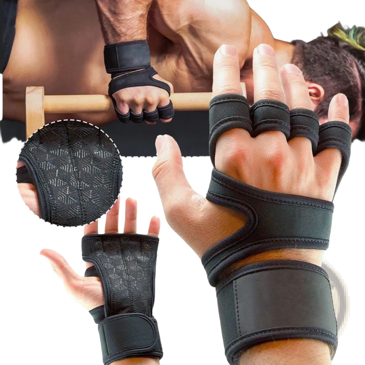 Black neoprene weightlifting gym gloves with textured grip pads and adjustable wrist straps for palm support