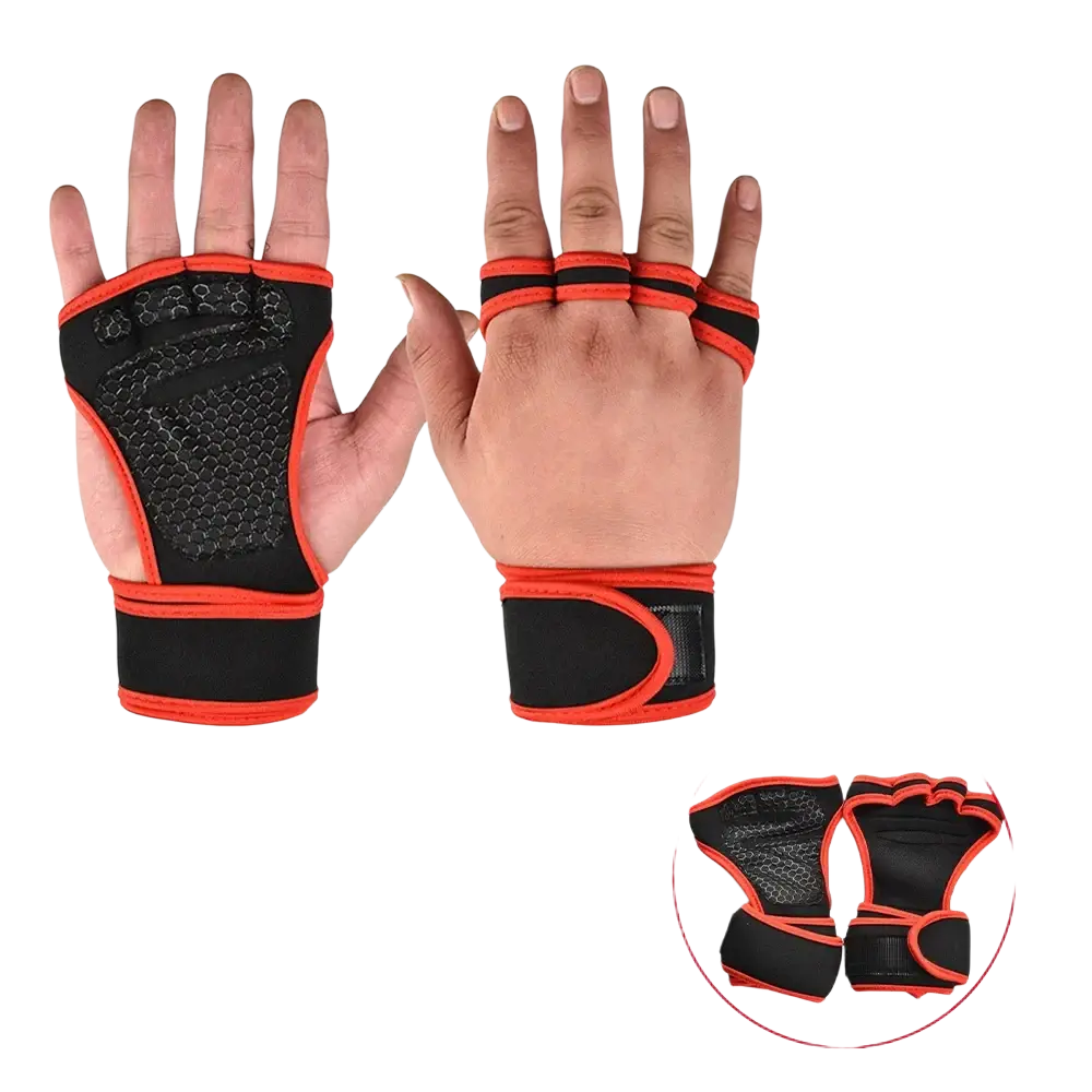 Black and orange weightlifting gym gloves with palm support and textured grip pads on the palm for enhanced grip