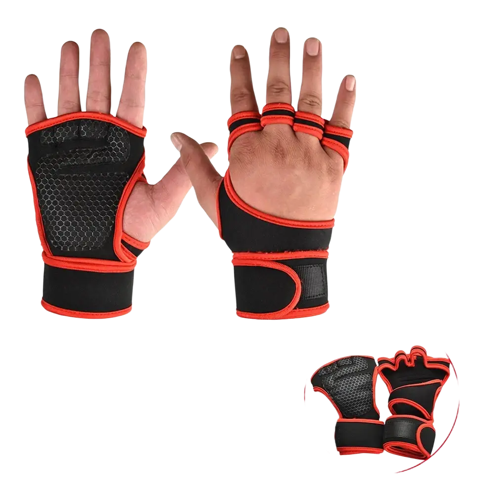 Weightlifting gym gloves with palm support in black and red featuring a mesh palm for enhanced grip