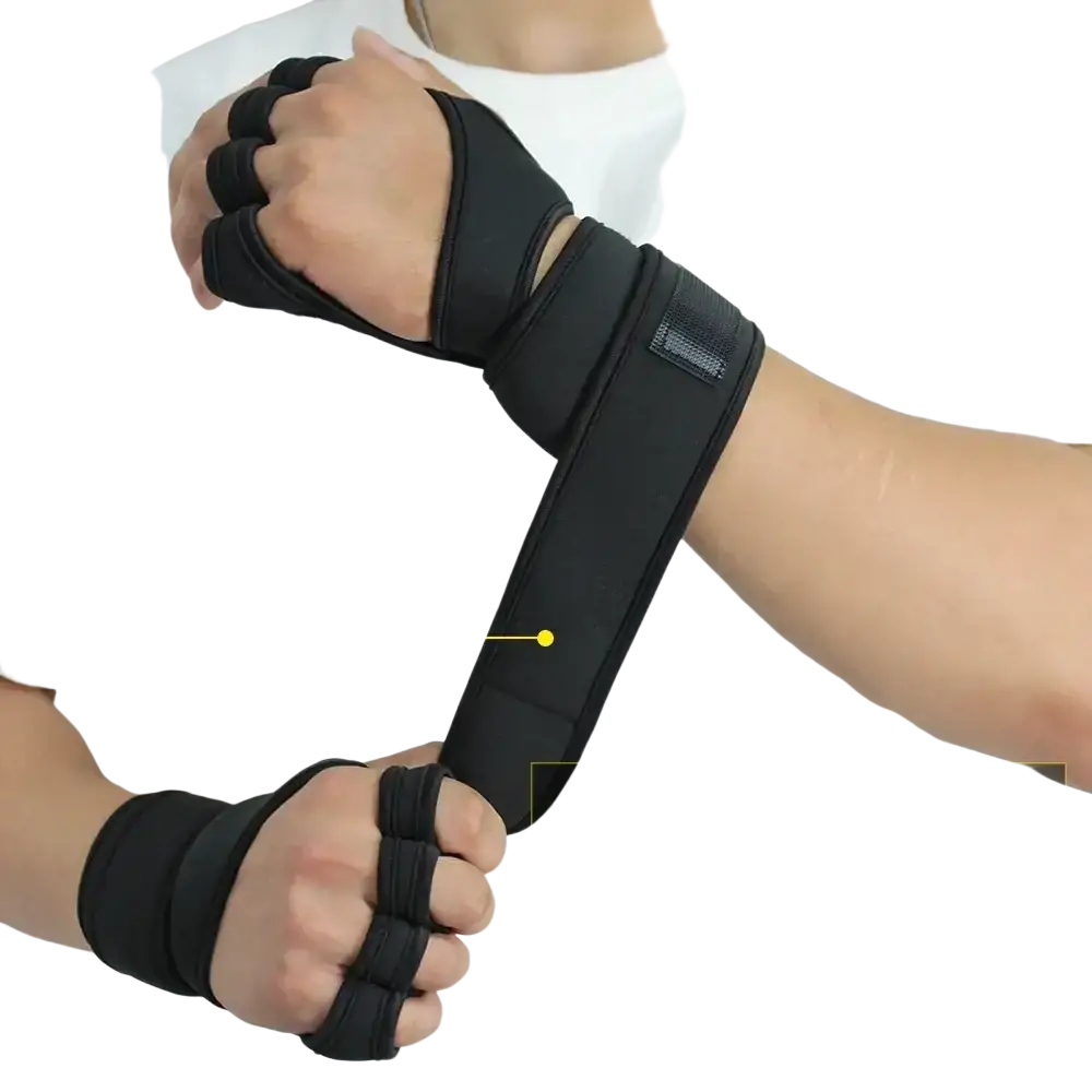 Black wrist strap gym gloves with adjustable length and width for palm support in weightlifting gym use