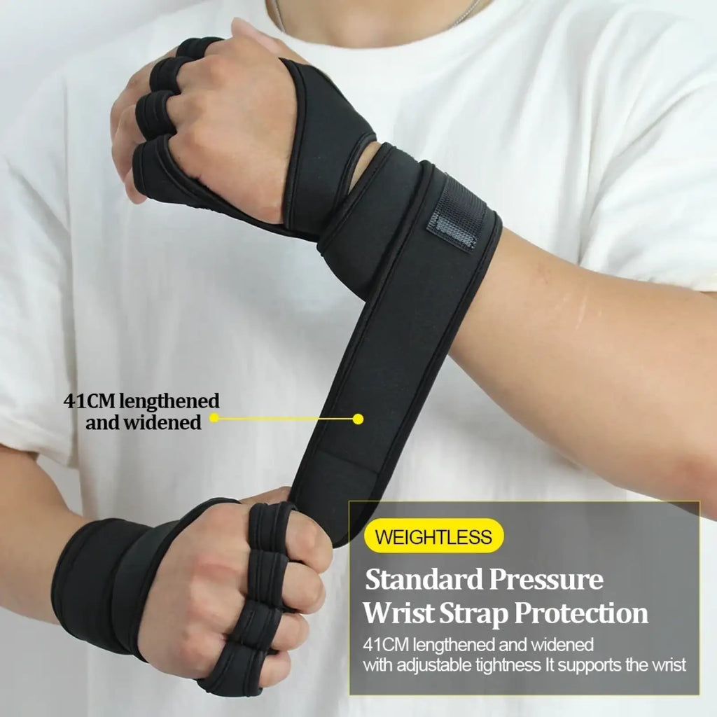 Black weightlifting gym glove wrist strap with adjustable length and widened design for standard pressure protection