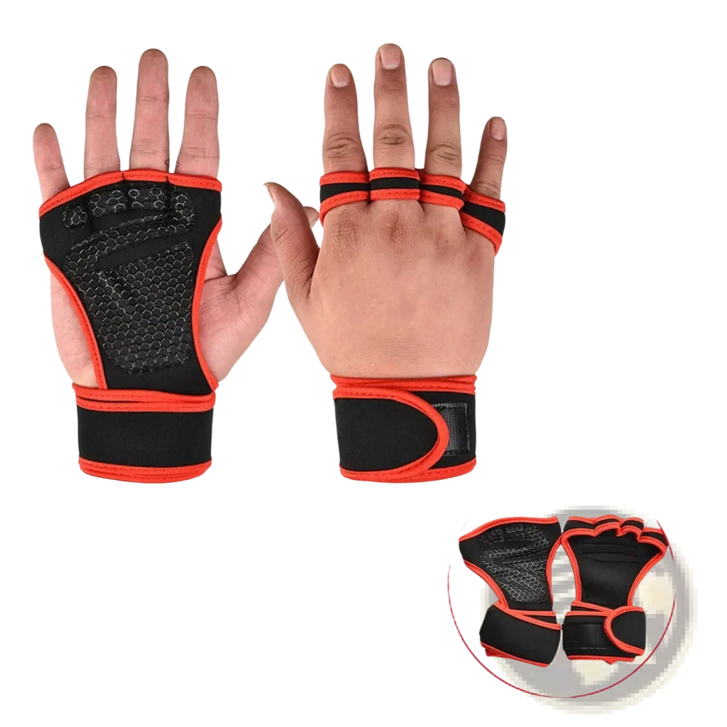 Black and orange weightlifting gym gloves with palm support and textured grip pads on the palm for enhanced grip