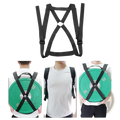 Black adjustable weightlifting plate vest strap fitness harness with x-shaped design carrying green 25-pound olympic plates