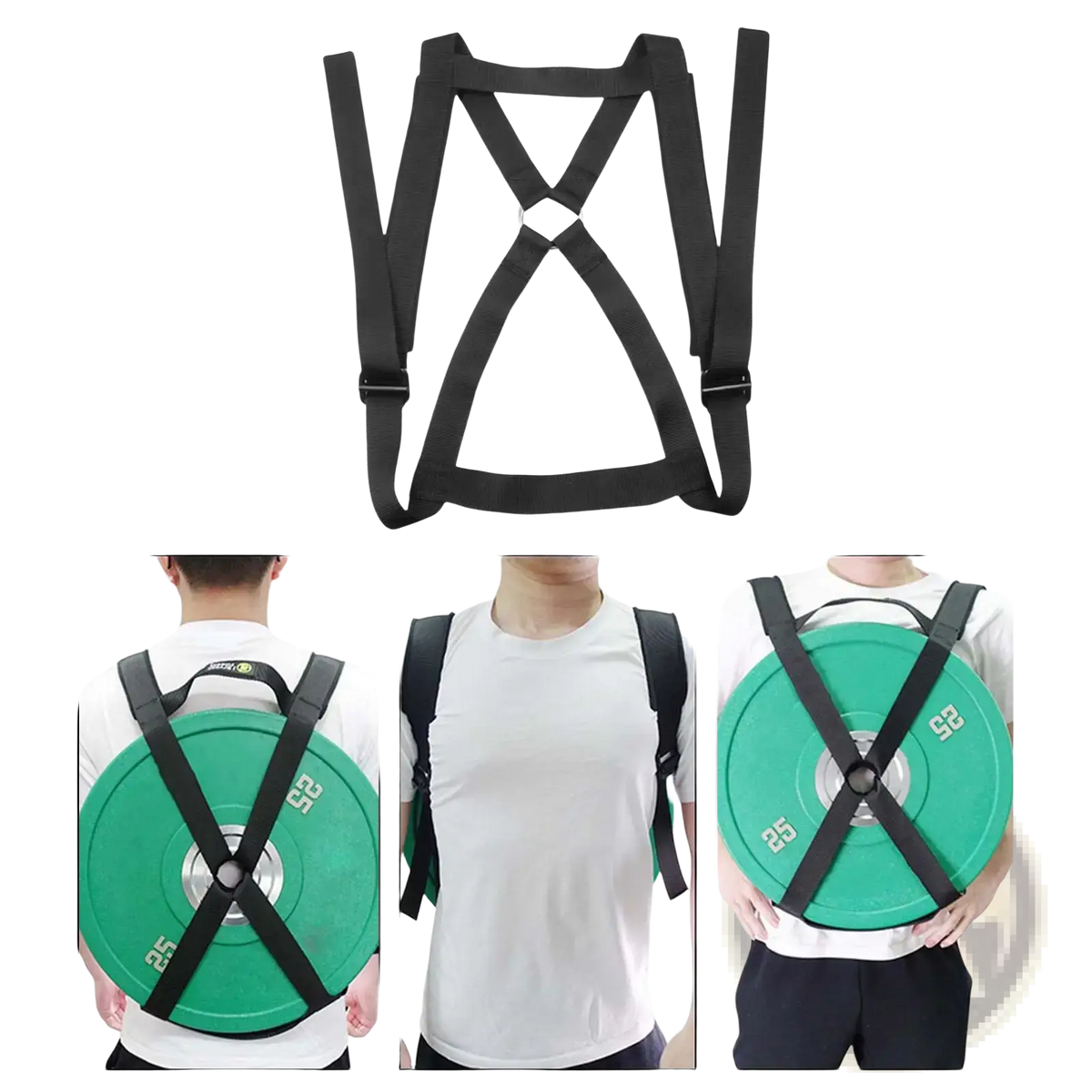 Black adjustable weightlifting plate vest strap fitness harness with x-shaped design carrying green 25-pound olympic plates