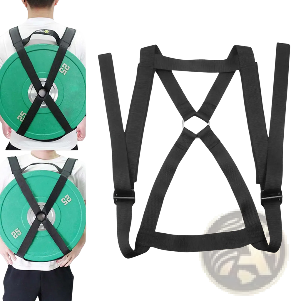Black adjustable weightlifting plate vest strap fitness harness with padded shoulder straps and x-shaped central design
