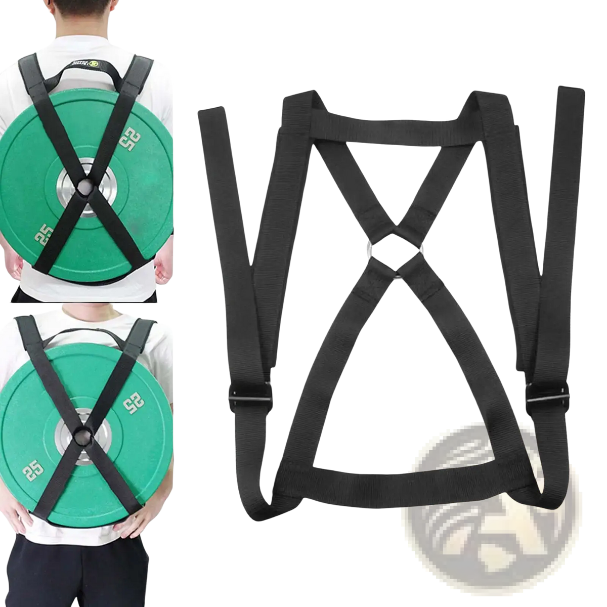 Black adjustable weightlifting plate vest strap fitness harness with padded shoulder straps and x-shaped central design