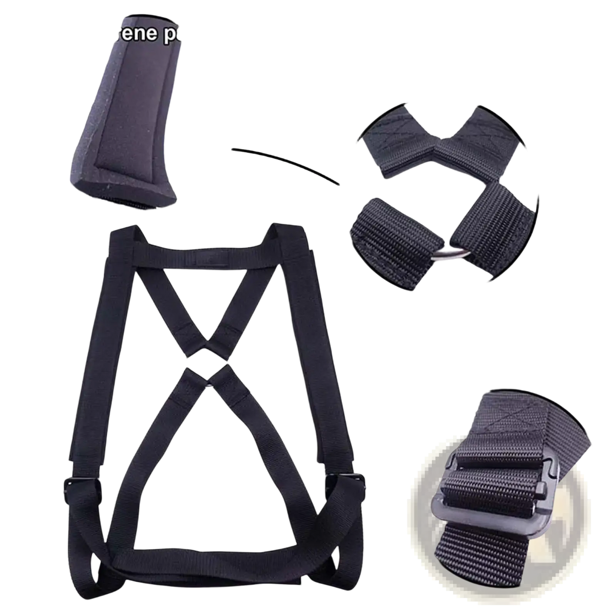 Black neoprene-backed weightlifting plate vest strap fitness harness with adjustable straps and large o-ring
