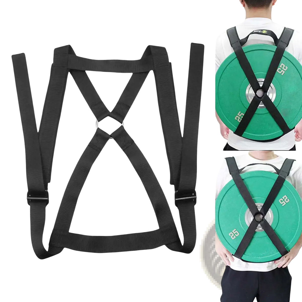 Black nylon weightlifting plate vest strap fitness harness with adjustable metal buckles holding a 25-pound green plate