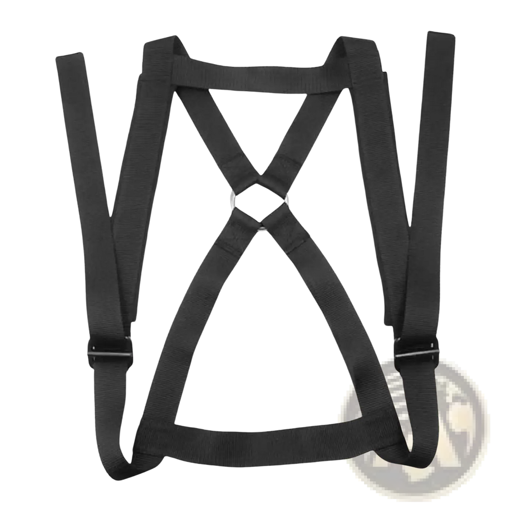 Black nylon weightlifting plate vest strap fitness harness with adjustable straps and metal buckles shown from the back