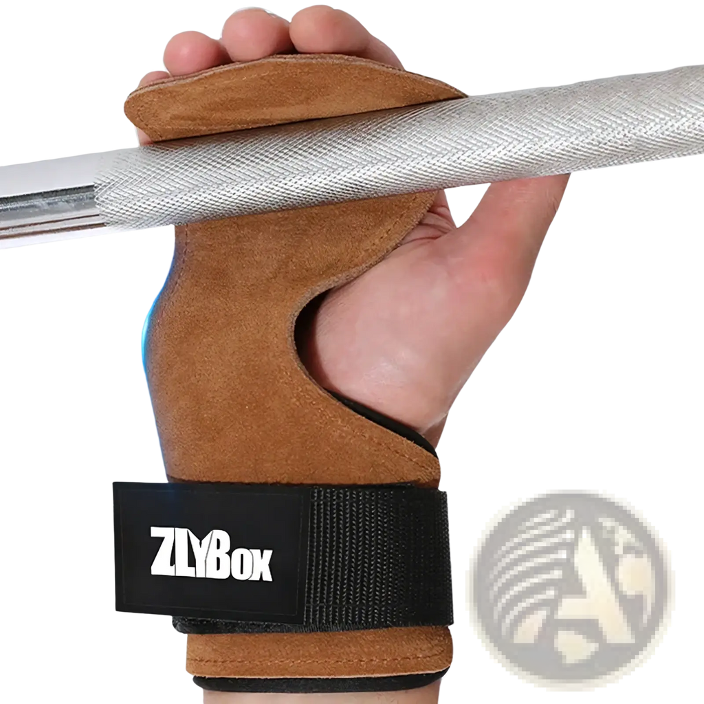 Brown suede weightlifting glove with black strap and zlybox branding for grip support and wrist protection