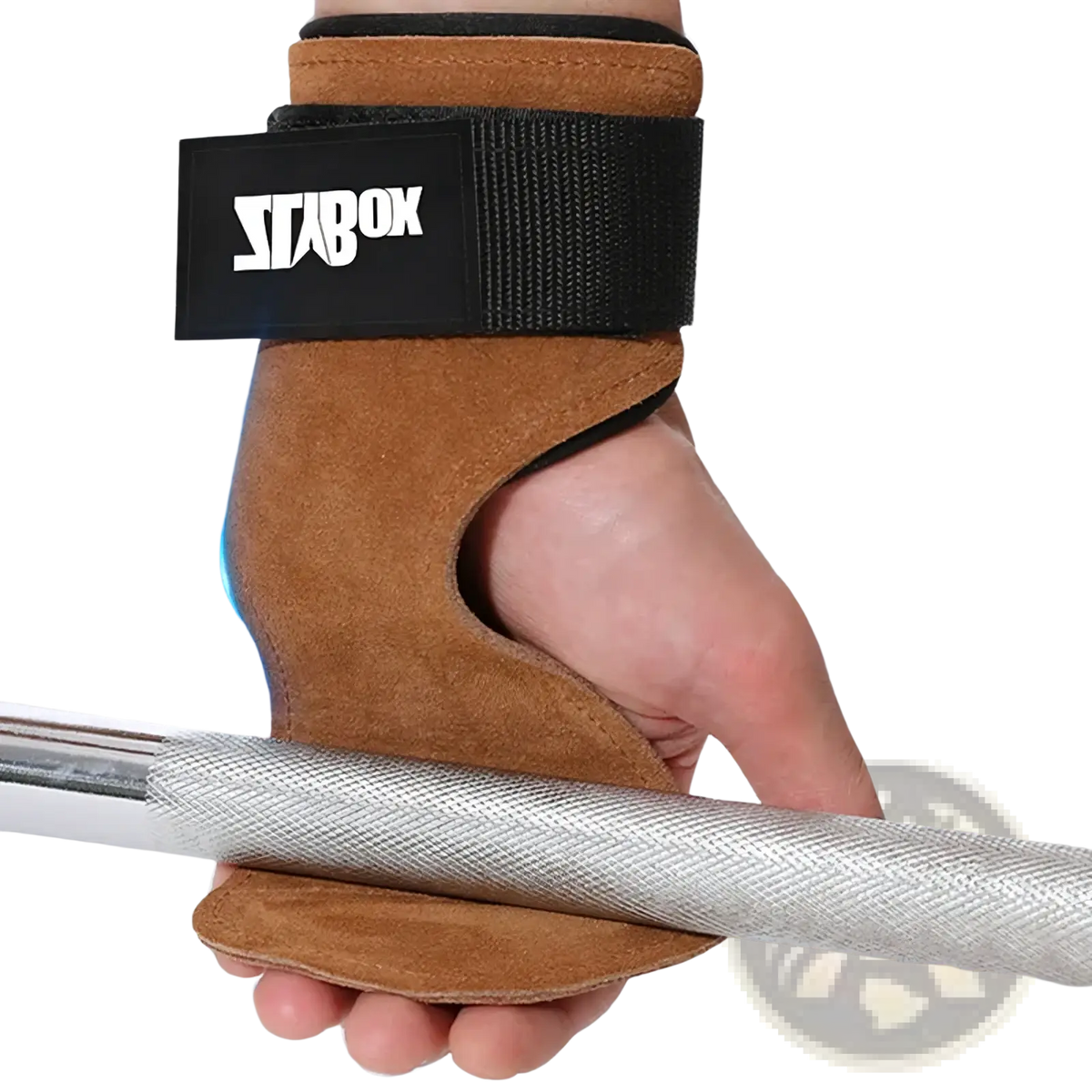 Brown suede weightlifting glove with black strap and starbox logo designed for grip support during barbell exercises