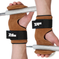 Brown suede weightlifting gloves with black elastic straps and zlybox branding for suede grip support