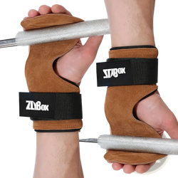 Brown suede weightlifting gloves with black elastic straps and zlybox branding for suede grip support