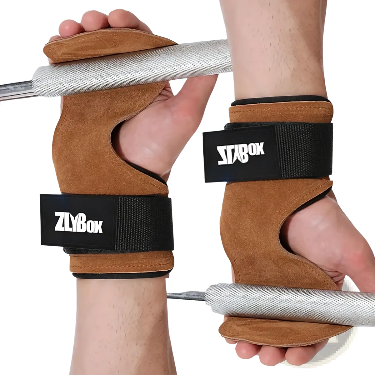 Brown suede weightlifting gloves with black elastic straps and zlybox branding for suede grip support