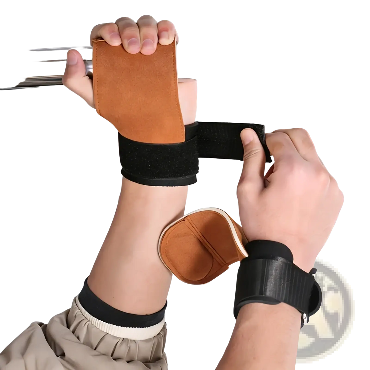 Weightlifting straps suede grip support featuring brown suede wristband with black adjustable strap for secure use