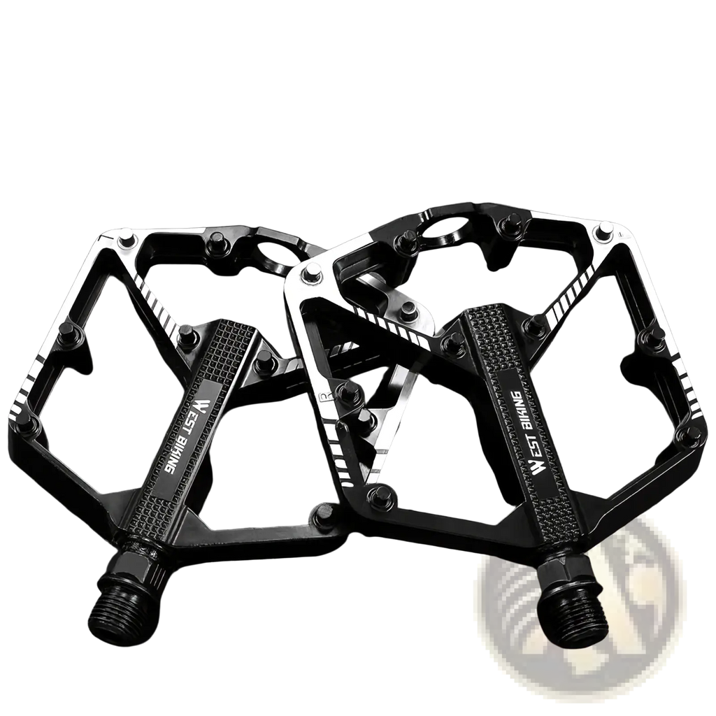 Black west biking aluminum alloy mtb pedals with textured grip surfaces and reinforced frame design shown from back side