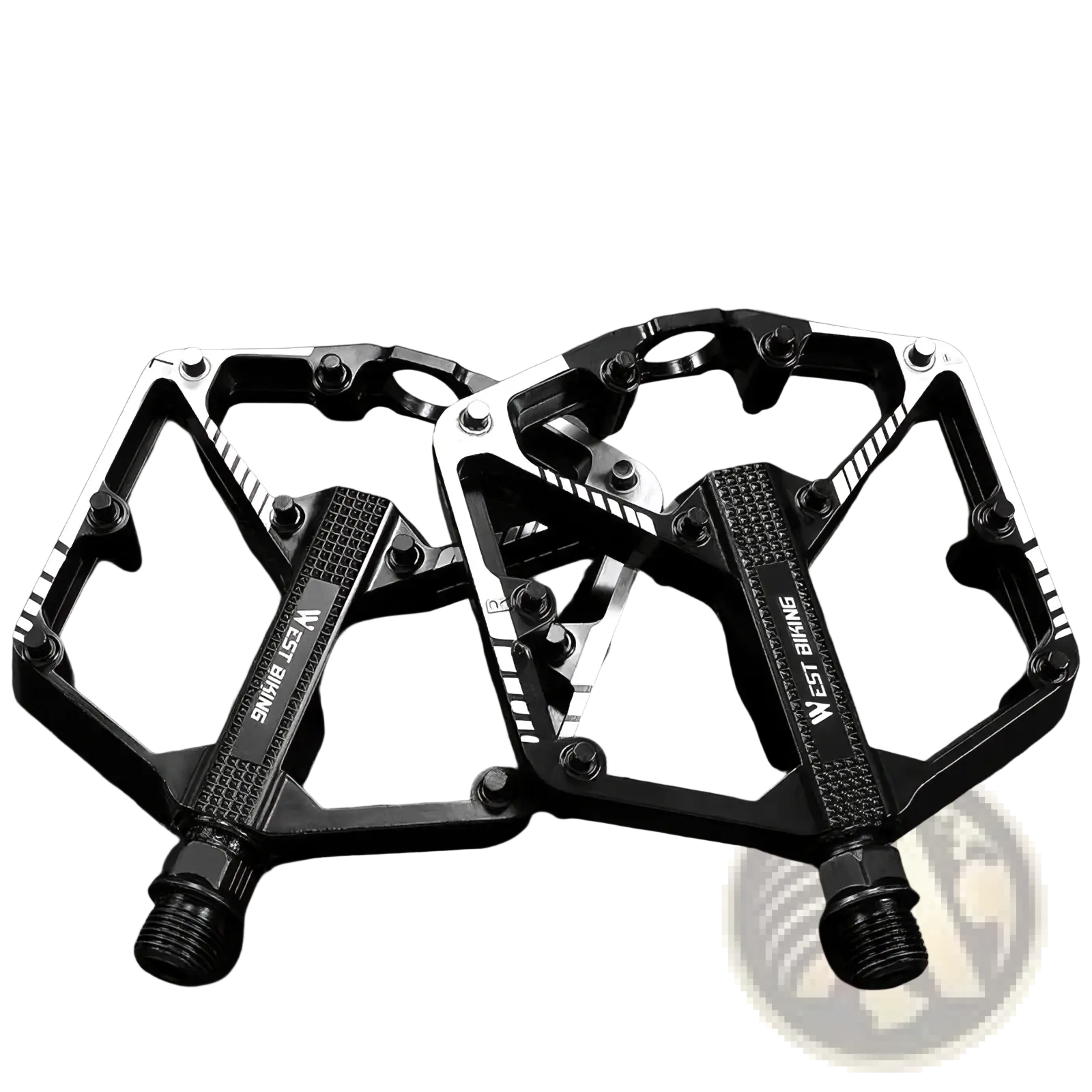 Black west biking aluminum alloy mtb pedals with textured grip surfaces and reinforced frame design shown from back side