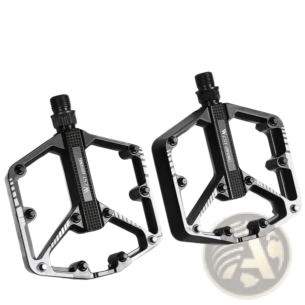 Black West Biking aluminum alloy MTB pedals with textured geometric design and silver accents for mountain biking