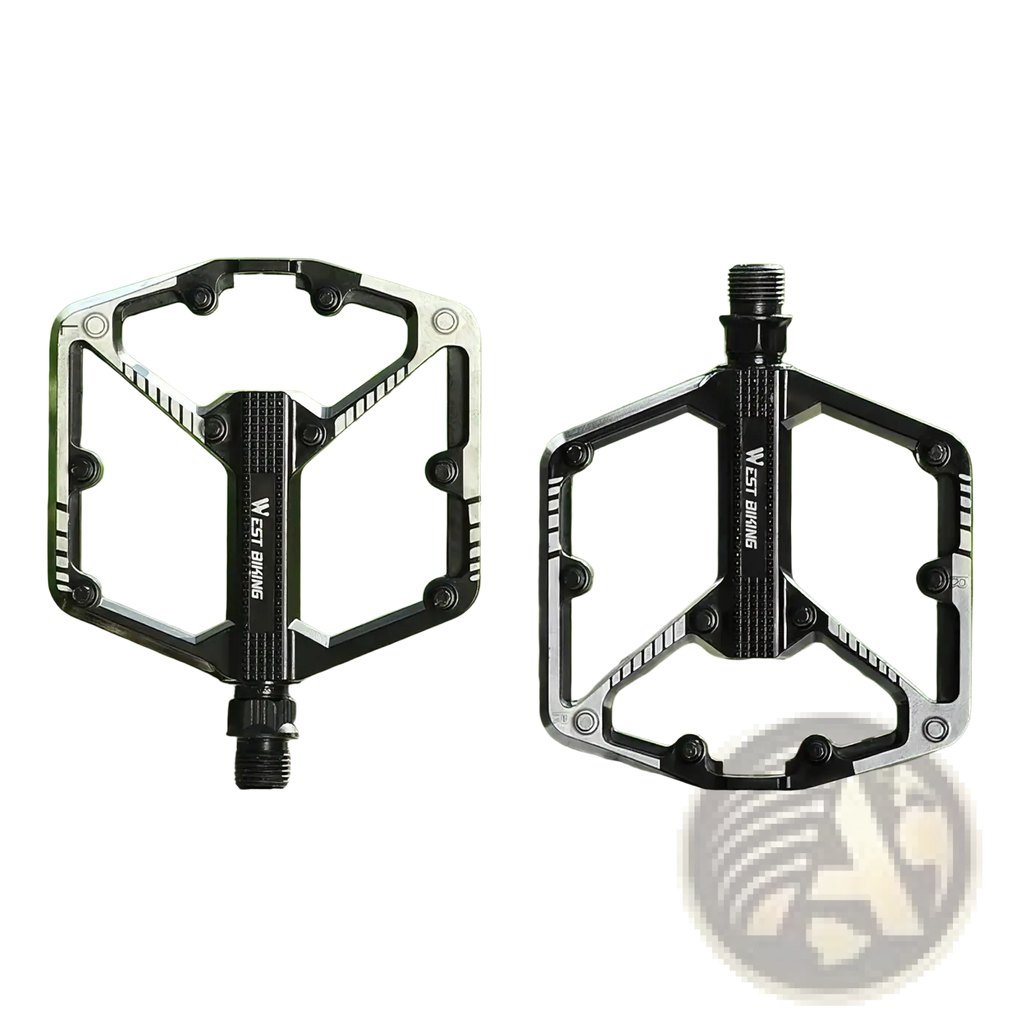 Black and silver aluminum alloy mtb pedals with a hexagonal frame design and west biking logo on each side