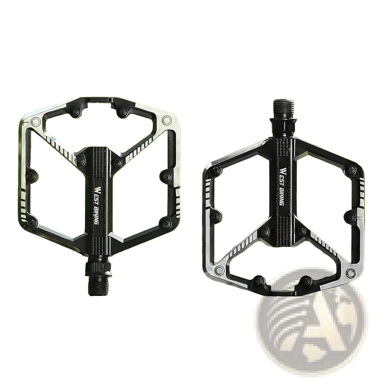 Black and silver aluminum alloy mtb pedals with a hexagonal frame design and west biking logo on each side