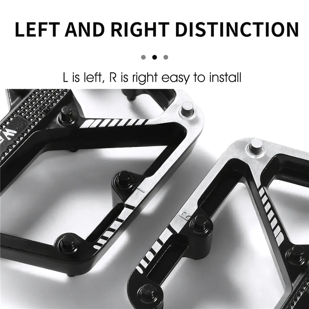 West biking aluminum alloy mtb pedals with black and silver textured grip plates and clear left right markings for mtb bikes