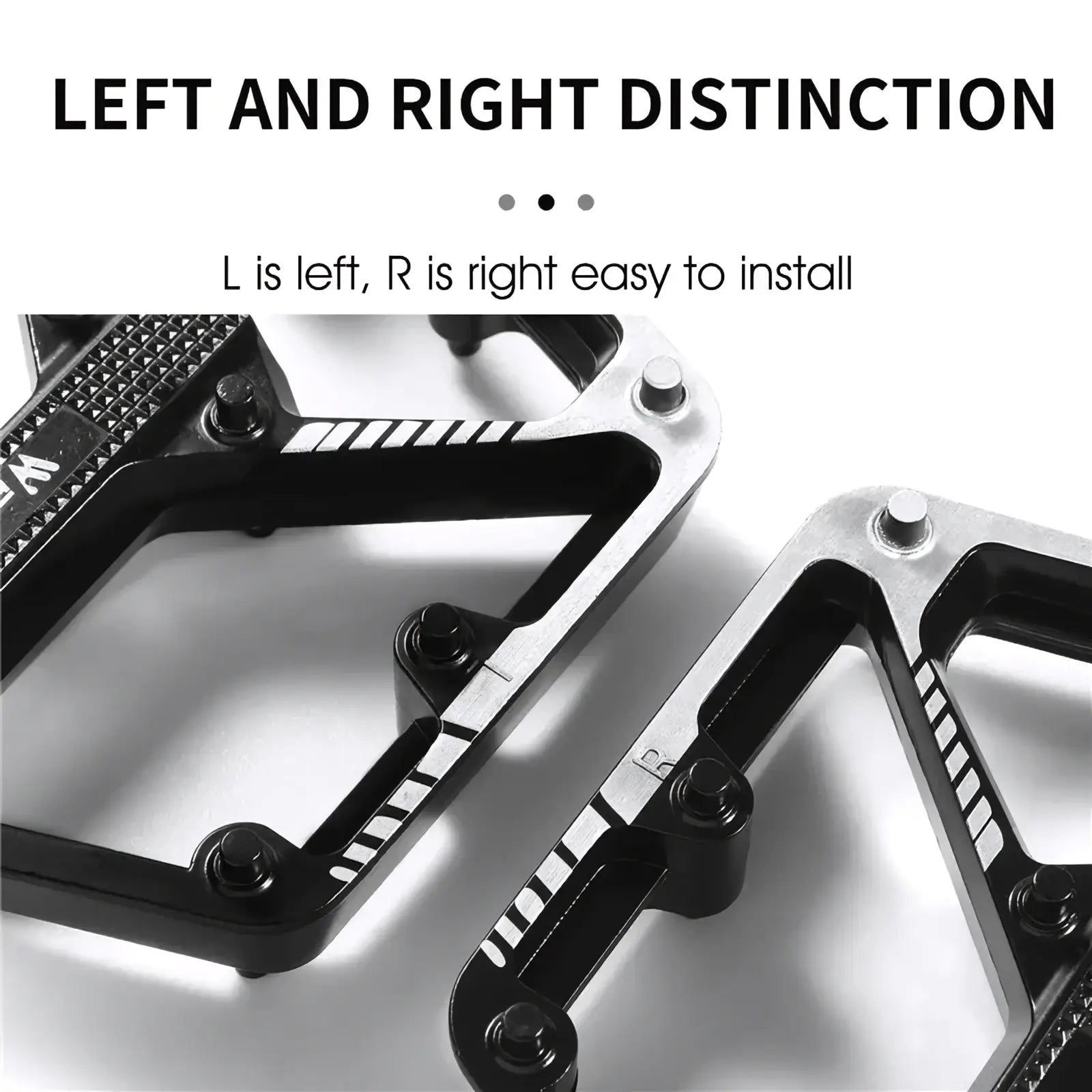 West biking aluminum alloy mtb pedals with black and silver textured grip plates and clear left right markings for mtb bikes