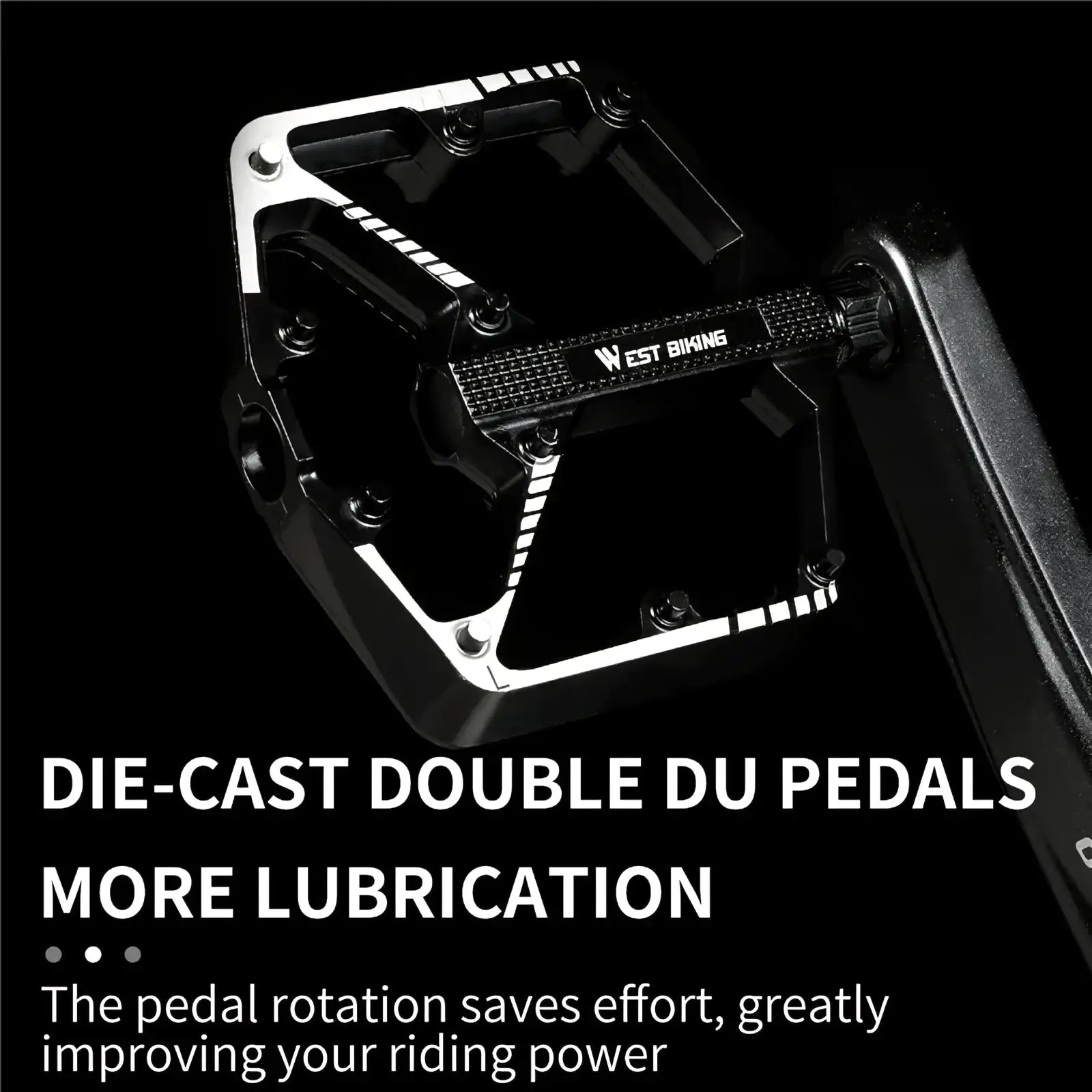Black and silver West Biking aluminum alloy MTB pedals with die-cast double du design and textured grip surface