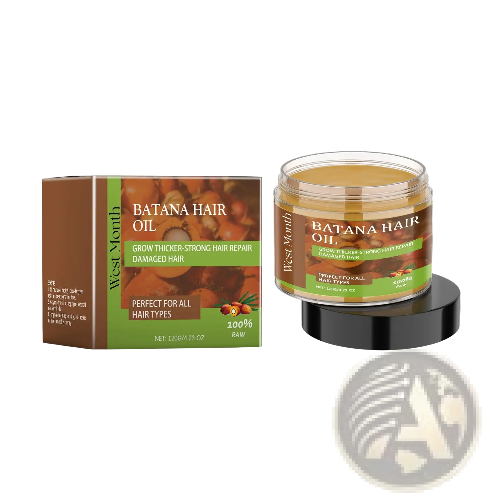 West Month Batana oil and keratin hair repair treatment in a clear glass jar with black lid and brown green box packaging
