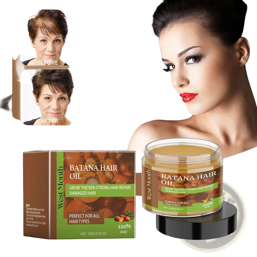 West month batana hair oil in a clear glass jar with a brown and green label, containing a golden-brown oil.