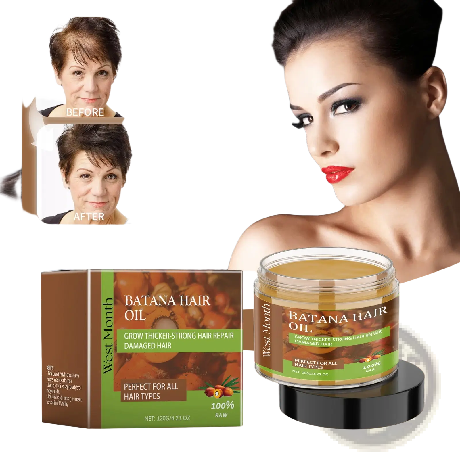 West month batana hair oil in a clear glass jar with a brown and green label, containing a golden-brown oil.