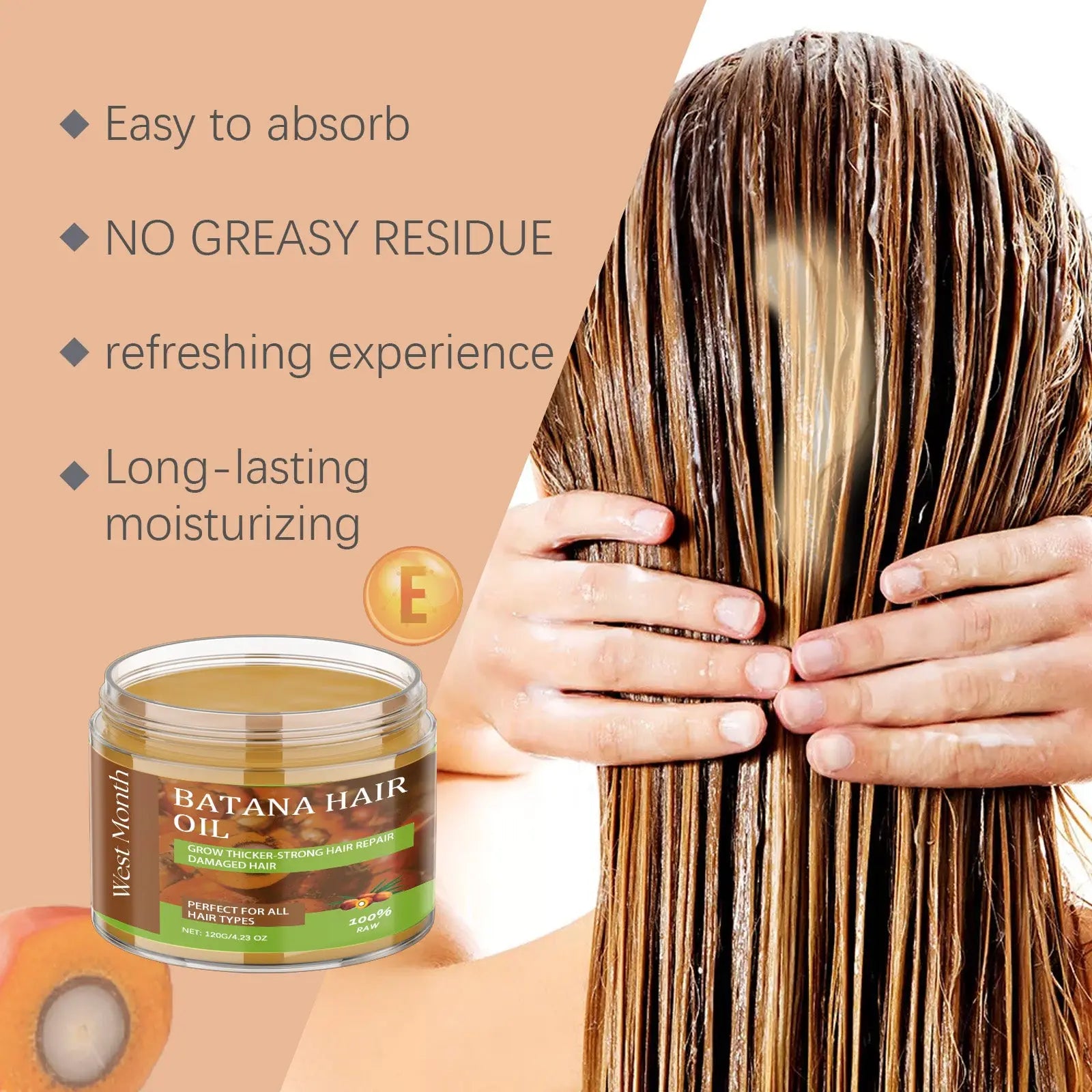 A jar of west month batana oil and keratin hair repair treatment in clear glass with metallic lid and green moisturizing label