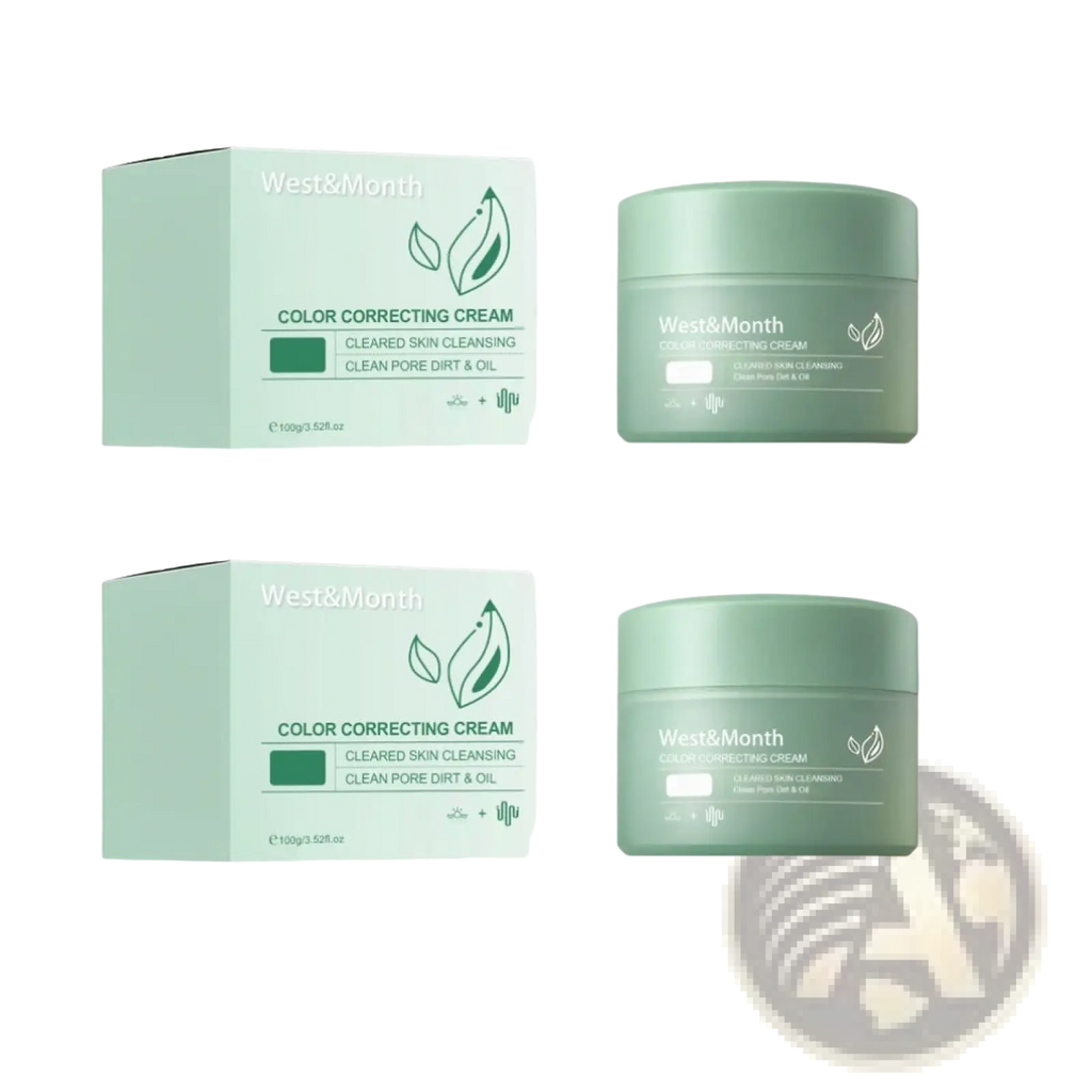 West&month color correcting cream with soothing aloe extract in matte sage green jar and matching box with minimalist leaf design