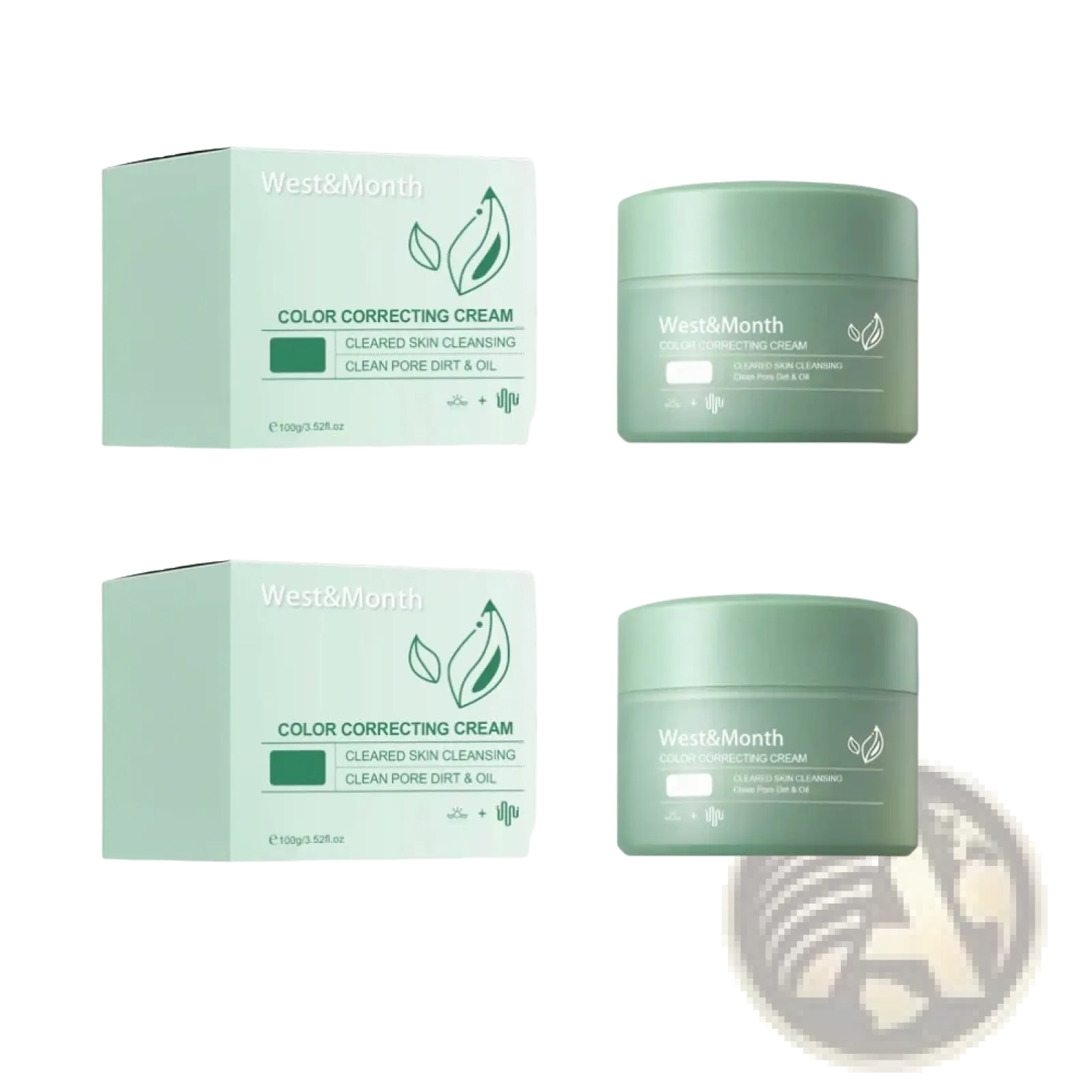 West&month color correcting cream with soothing aloe extract in matte sage green jar and matching box with minimalist leaf design