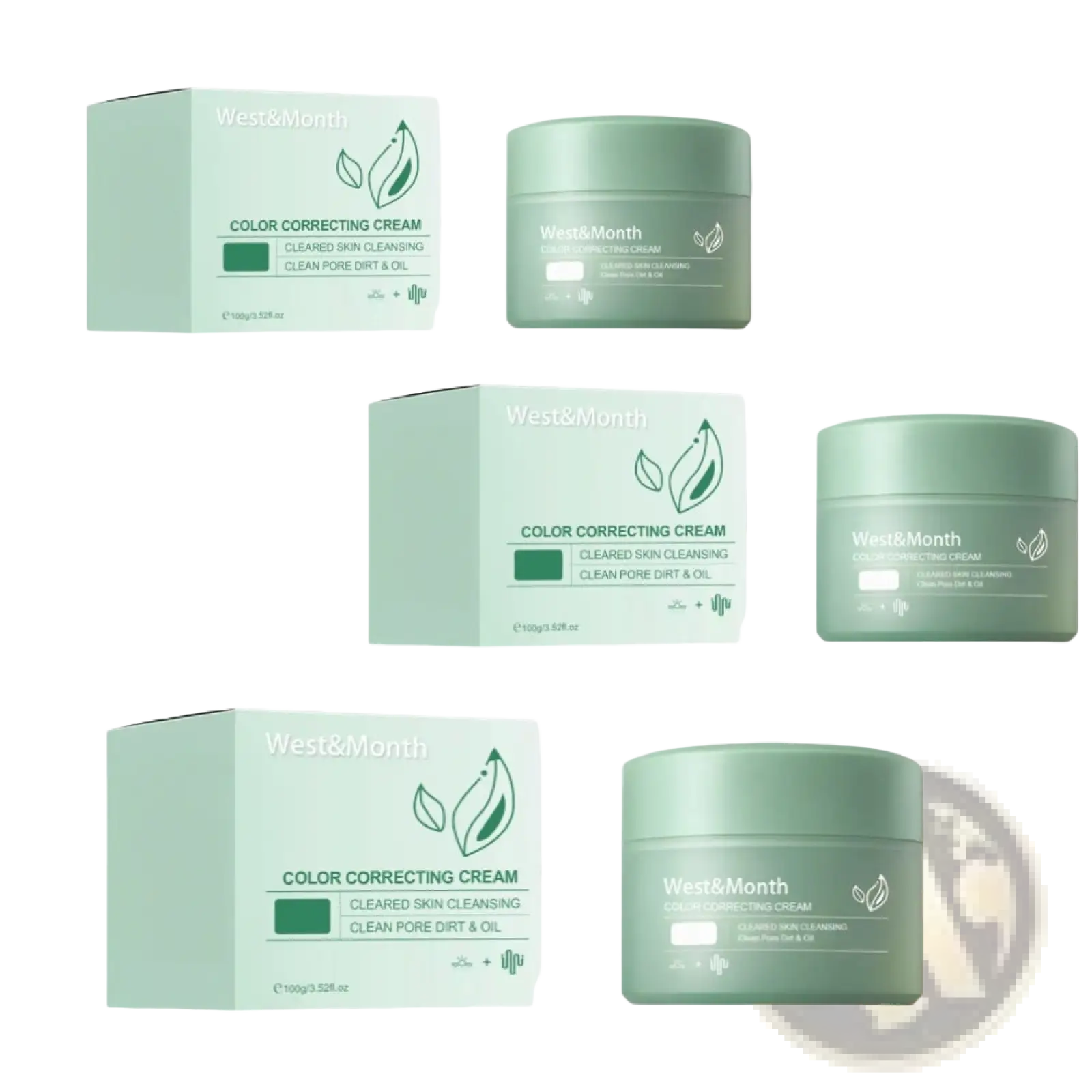 West&month color correcting cream with soothing aloe extract in a matte sage green jar and minimalist packaging