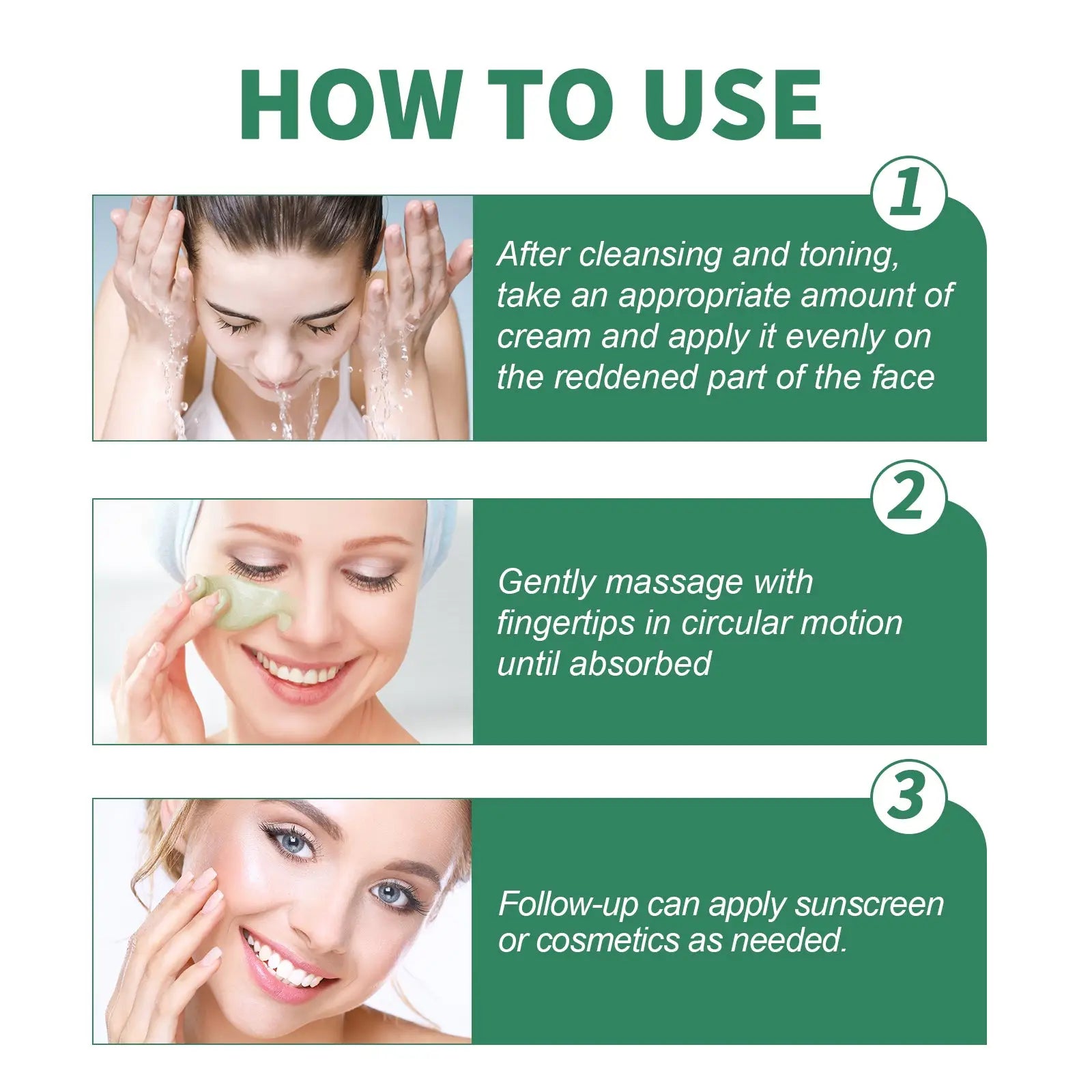 Green facial cream from west&month color correcting cream with soothing aloe extract being applied to the face