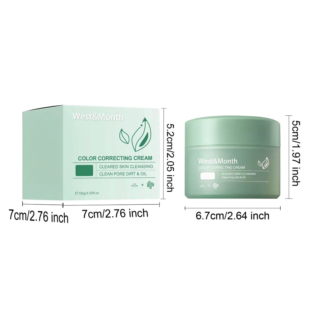 West&month color correcting cream with soothing aloe extract in matte sage green jar and matching minimalist box with leaf motifs