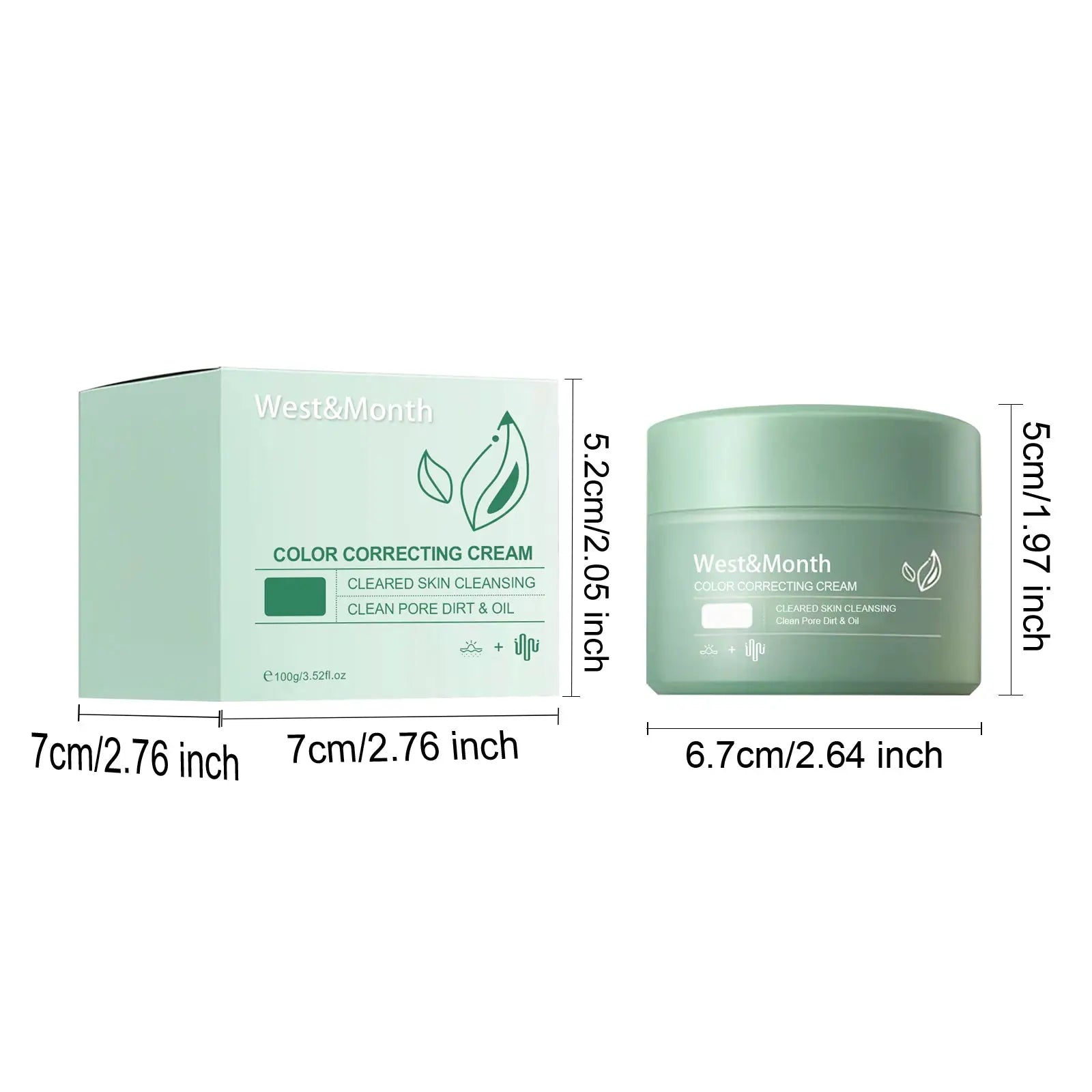 West&month color correcting cream with soothing aloe extract in matte sage green jar and matching minimalist box with leaf motifs