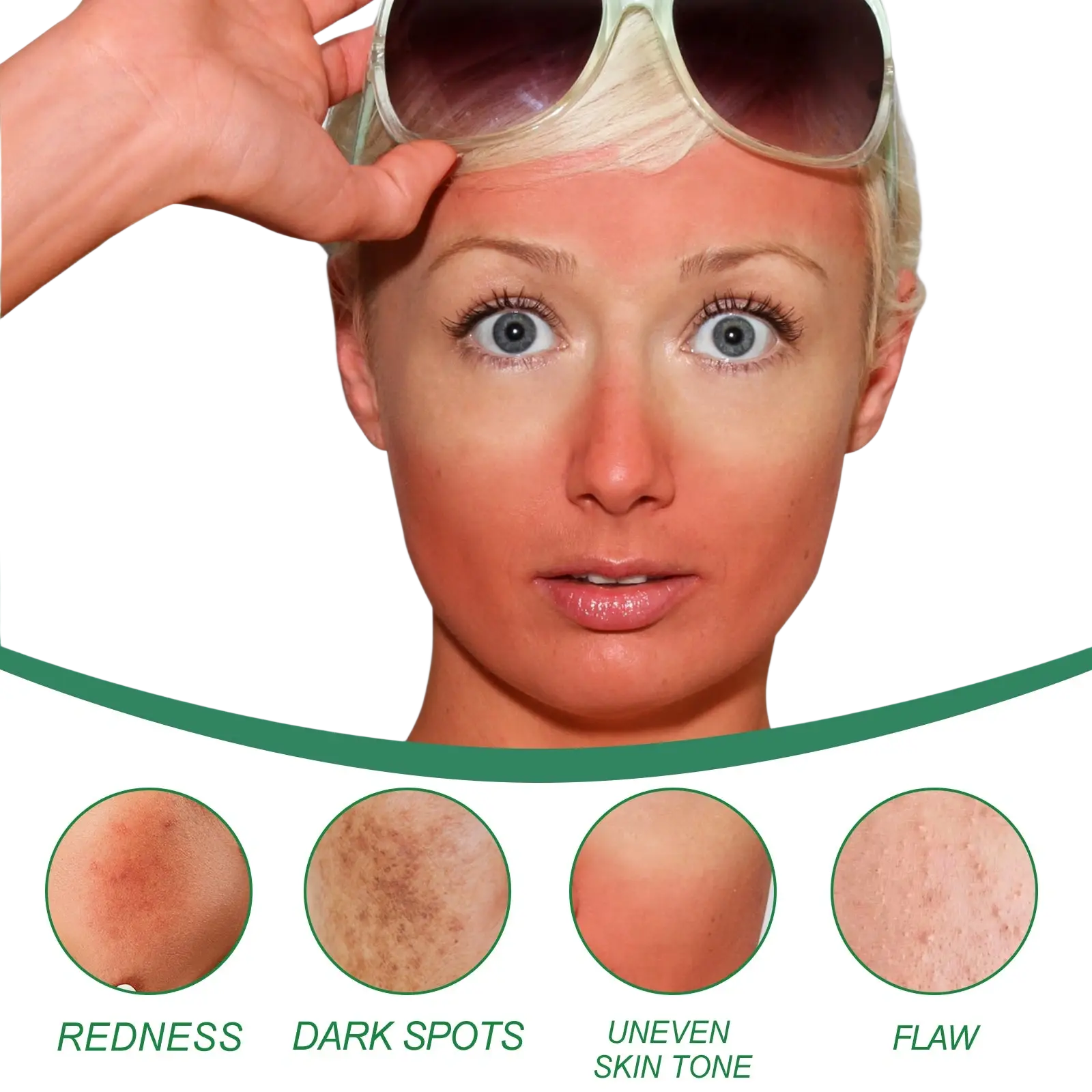 A pair of light-colored gradient-tinted sunglasses with a sleek frame featured alongside west&month color correcting cream with soothing aloe extract