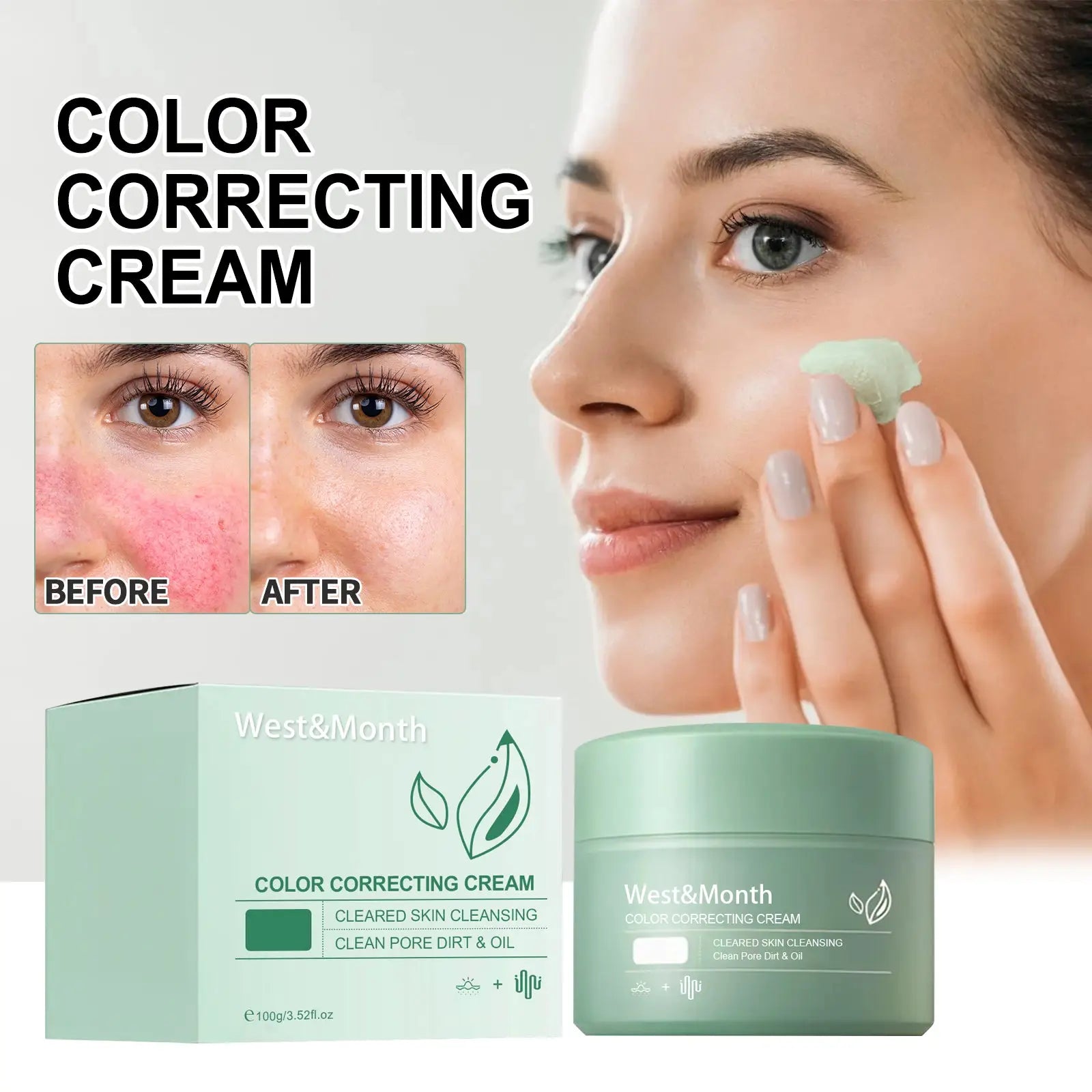 A matte sage green cylindrical jar of west&month color correcting cream with soothing aloe extract and minimalist branding