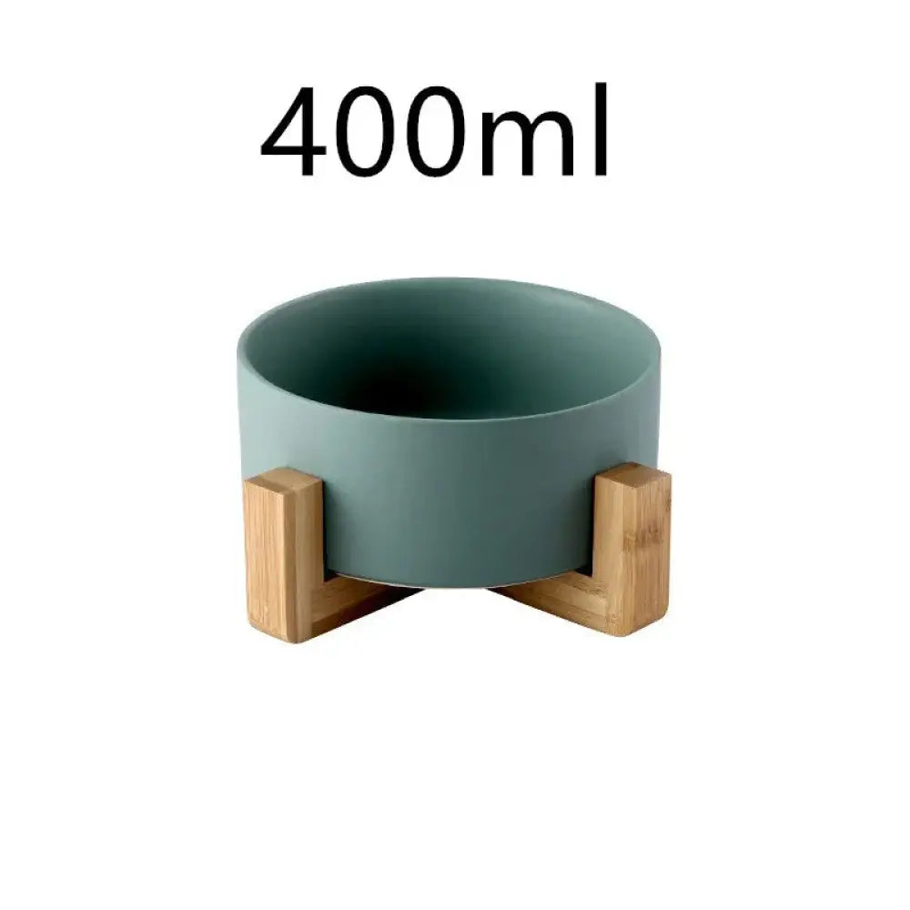 Teal minimalist matte ceramic bowl with 400ml capacity and bamboo stand in a wooden base set