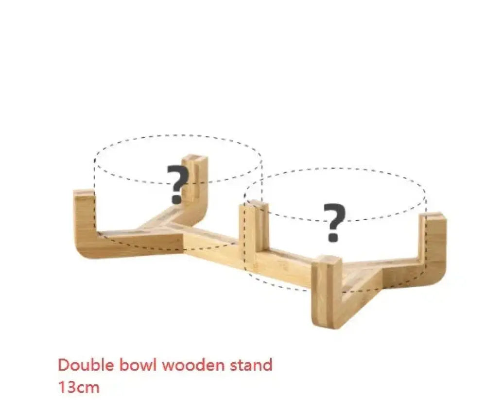 Light-colored wooden double bowl stand with minimalist design for matte ceramic bowl set with wooden stands