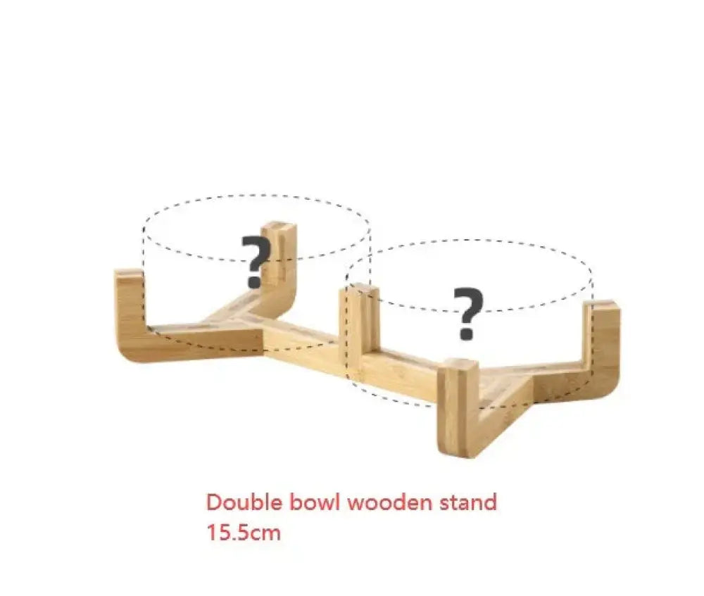 Light-colored wooden double bowl stand with a minimalist design for the minimalist matte ceramic bowl set with wooden stands