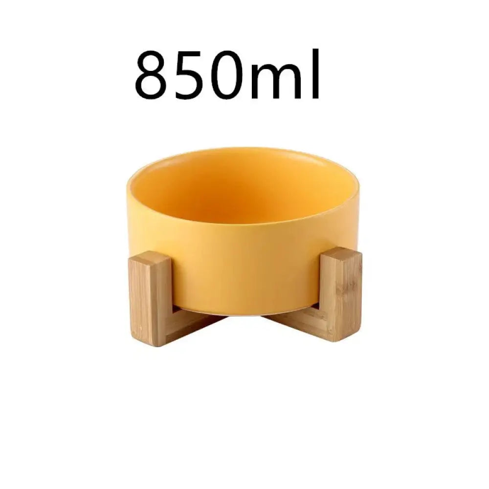 Yellow ceramic pet bowl with wooden stand 850ml capacity minimalist matte ceramic bowl set for pets
