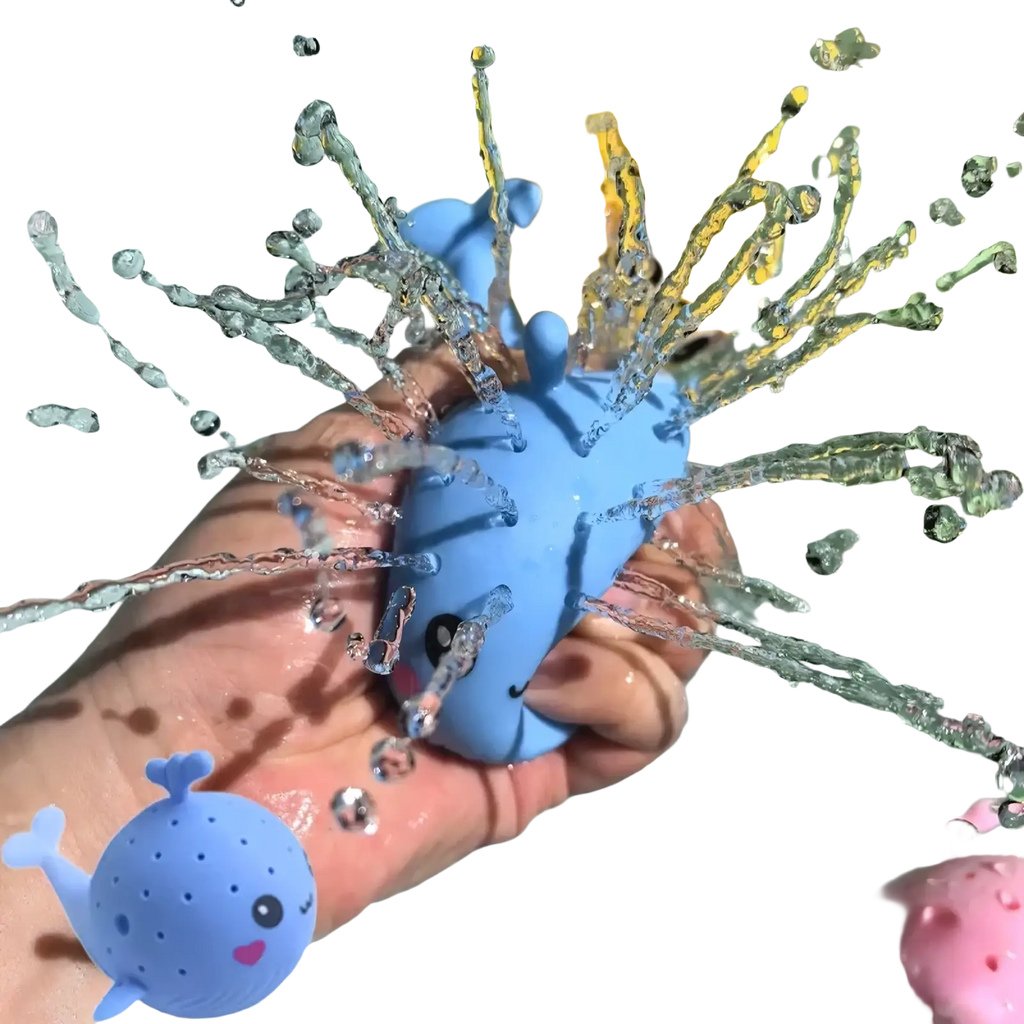 Blue whale-shaped bath sponge water toy with perforated body and smiling face for kids bath play